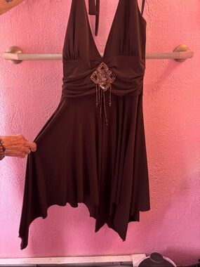 Taboo Brown Backless Halter Dress with Beaded Medallion